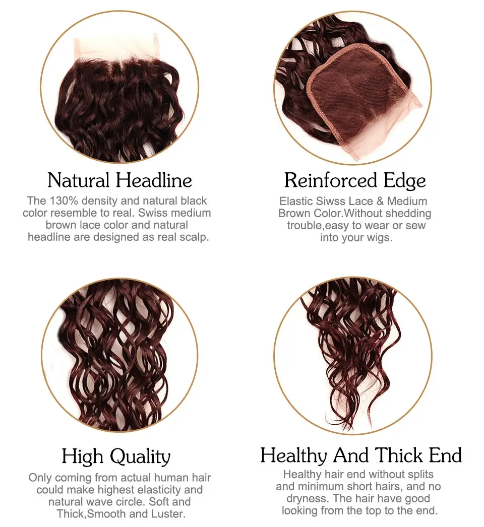 Brazilian Water Wave Hair Burgundy 4 Bundles With Closure Wet Wavy Pinshair Pre-Colored Dark Red Human Hair With Closure NonRemy (2)