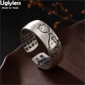 

Uglyless Real 999 Silver Buddha Hand Lotus Rings for Women Religious Heart Sutra Open Rings Buddhism Thai Silver Lotus Jewelry