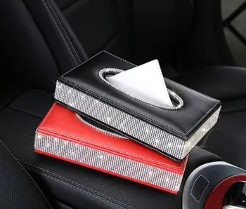 

Lady Crystal Rhinestones Car Tissue Box PU Leather With Diamond Towel Case Napkin Storage Boxes Anti Slip Mats Padding