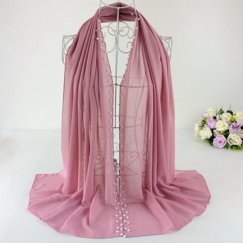 

Two Line Many Pearls Beads Plain Soft Bubble Chiffon Solid Women Spring Scarfs 2016 Musilim Hijab Long Scarf Wrap High Quality