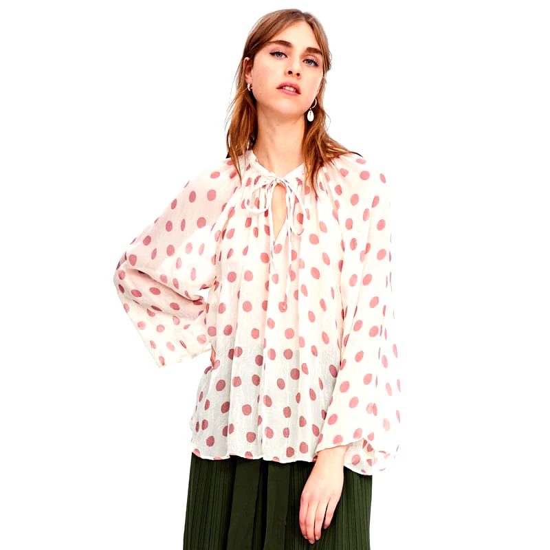 

Hot Fashion Summer Women Shirt Polka Dot Print Loose Shirt Flare Sleeve Bow O-Neck Casual Shirt