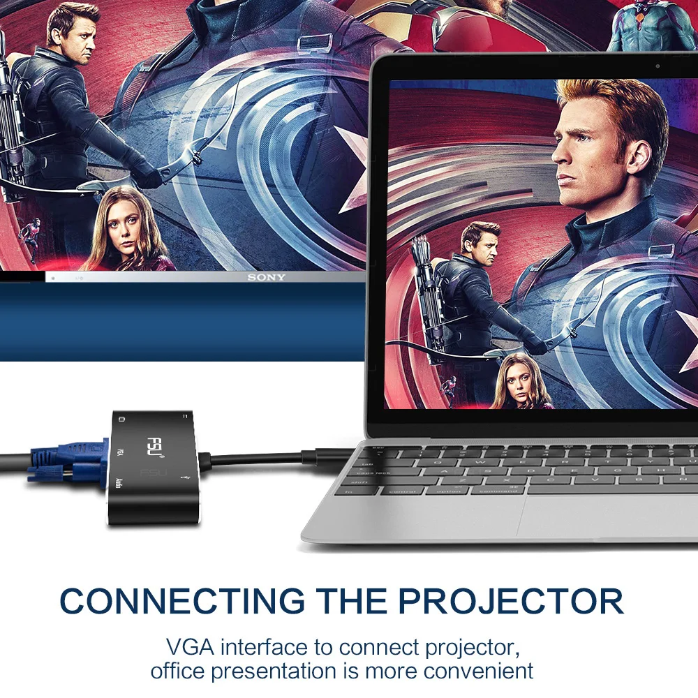 FSU USB C HDMI Cable Type C to VGA Thunderbolt 3 Adapter for MacBook Samsung S9/S8 Huawei Mate 20 P20 Pro USB-C HDMI VGA HUB