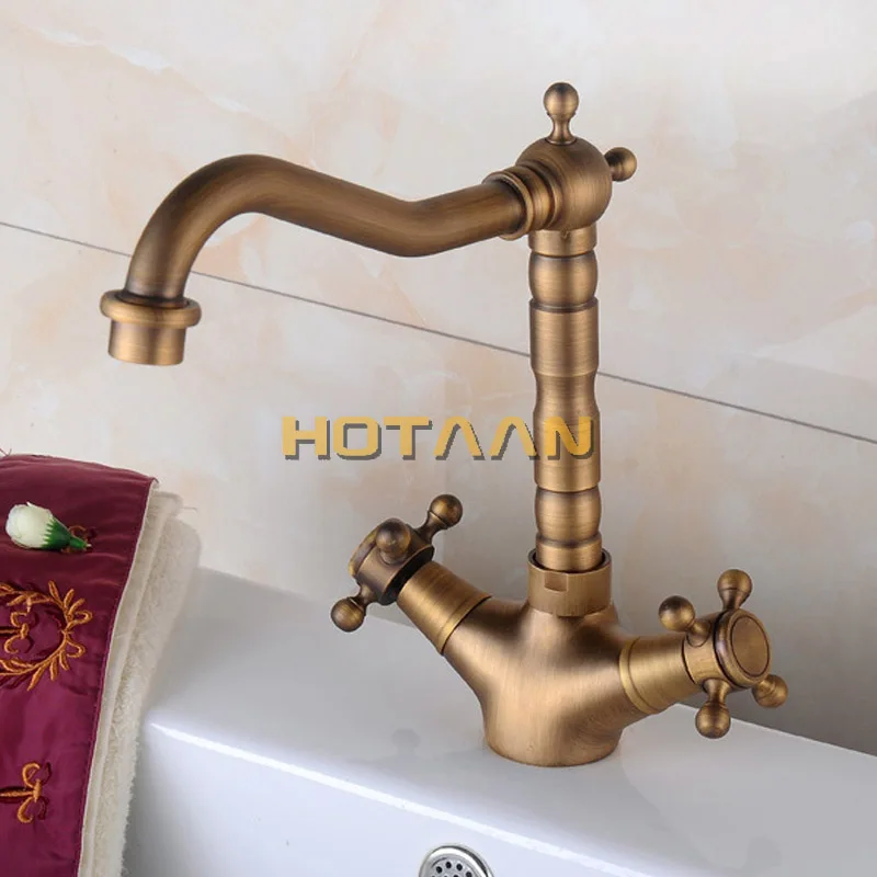  Basin Faucets Antique Brass Bathroom Sink Faucet 360 Degree Swivel Spout Double Cross Handle Bath k