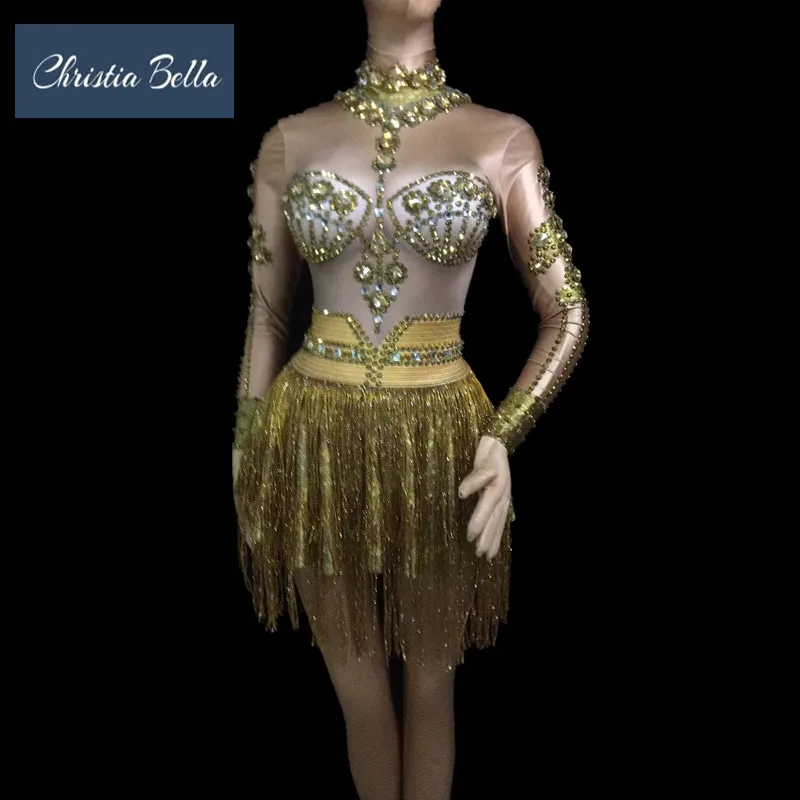 

Christia Bella Sexy Gold Crystal Women Party Dress Tassel Cocktail Bodycon Dress Nude Long Sleeves Club Stage Singer Costumes