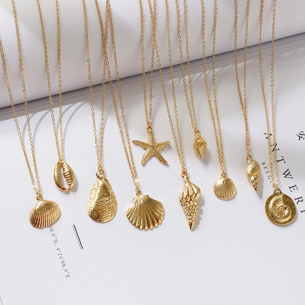 

1PC 2019 New Fashion Gold Color Alloy Cowrie Shell Starfish Necklace for Women Conch Chain Pendant Summer Jewelry Accessories