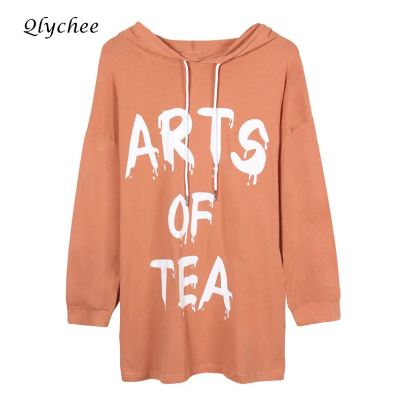 Qlychee Письмо печати балахон свободные Sweashirt с длинным рукавом для женщин Длинная