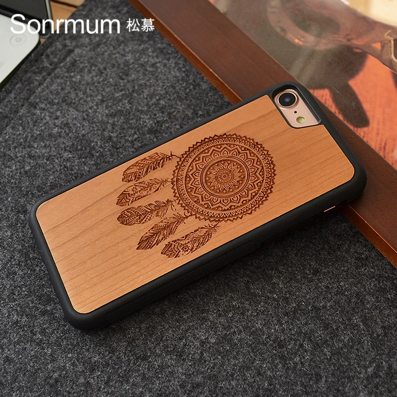 

Dreamcatcher Carved Natural Wood New Brand Thin Luxury Individual real Wood Phone Case For X Iphone 6 S 7 8 Plus wooden shell