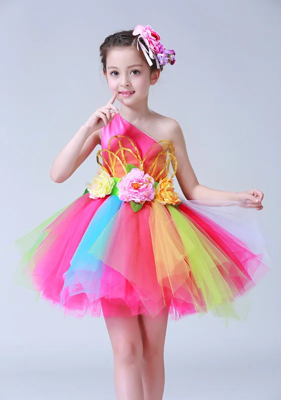 Girls Dance Costumes Colorful flowers standart salsa dance dress for girls Sexy modern dance costume for kids competition