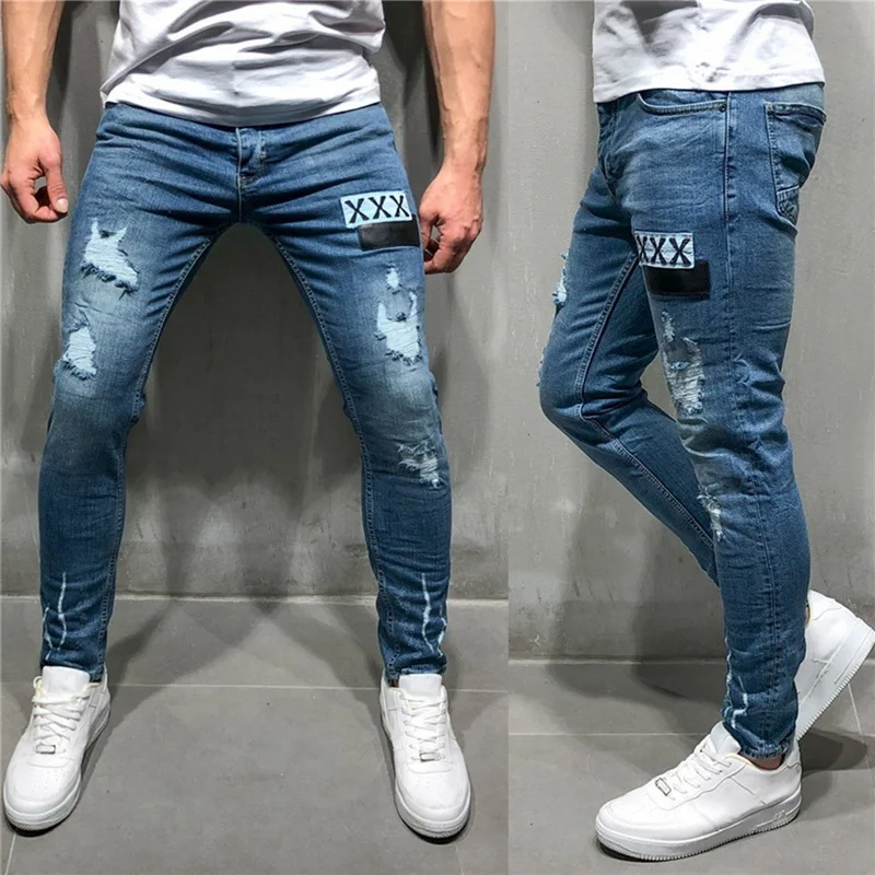 

Litthing Men Stretchy Ripped Skinny Biker Embroidery Print Jeans Destroyed Hole Taped Slim Denim Scratched High Quality Jean