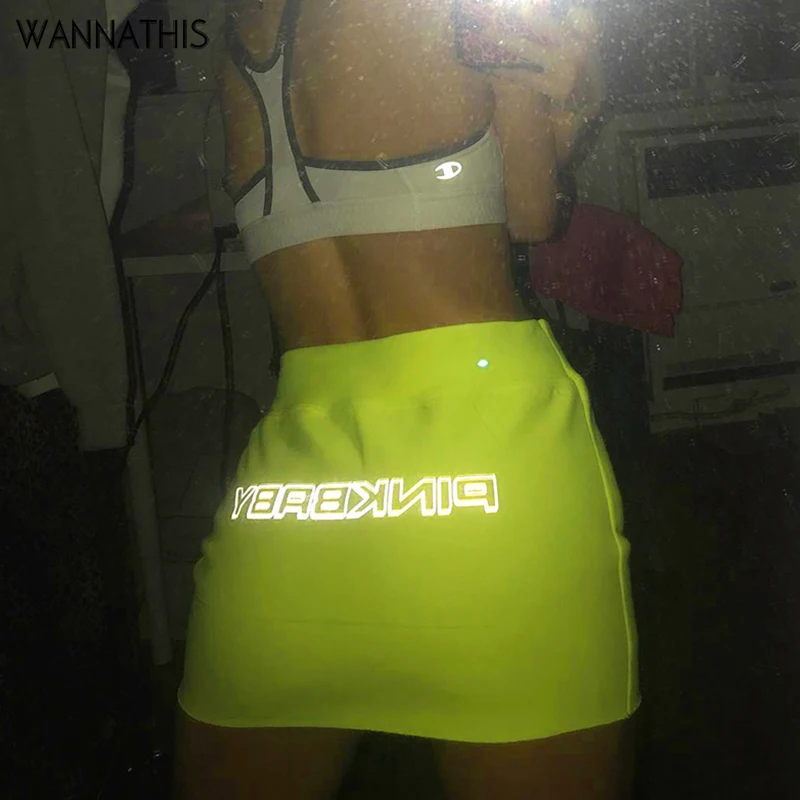 

WannaThis Flash Reflective High Waist Skirt Letter Printing Neon Green Sexy Club Women 2019 Summer Bodycon Mini Pencil Skirt
