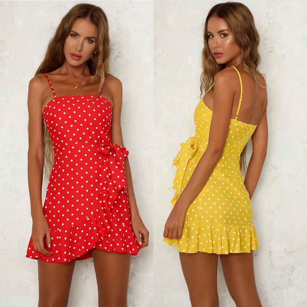 Sexy Summer Beach Dress 2018 Bright Color Polka Dot Strapless Holiday Dress Pleated d0184in