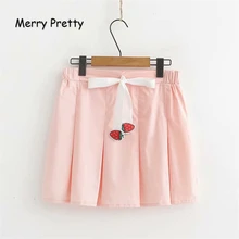 Веселая Милая женская розовая плиссированная юбка с вышивкой клубники из мультфильма летняя Милая стильная мини-юбка с завышенной талией школьная юбка