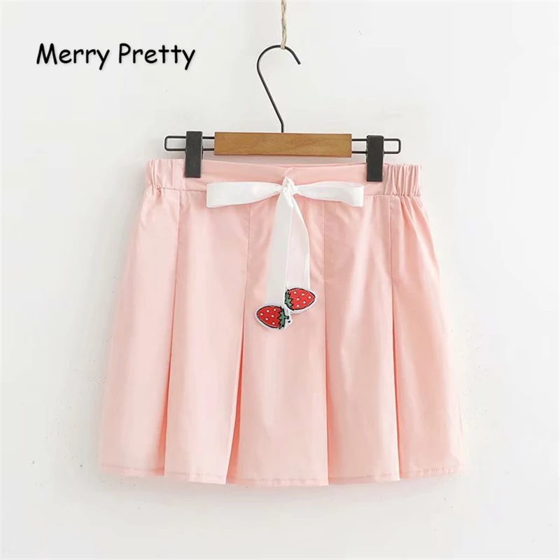 

Merry Pretty Women Cartoon Strawberry Embroidery Pink Pleated Skirt 2019 Summer Sweet Style Empire Waist Mini Skirt School Skirt