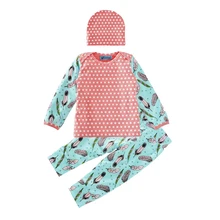 Осенний комплект одежды для маленьких девочек, коллекция года, модная футболка в горошек+ штаны с перьями+ шапочка, комплект из 3 предметов для маленьких мальчиков и девочек, осенняя одежда для новорожденных