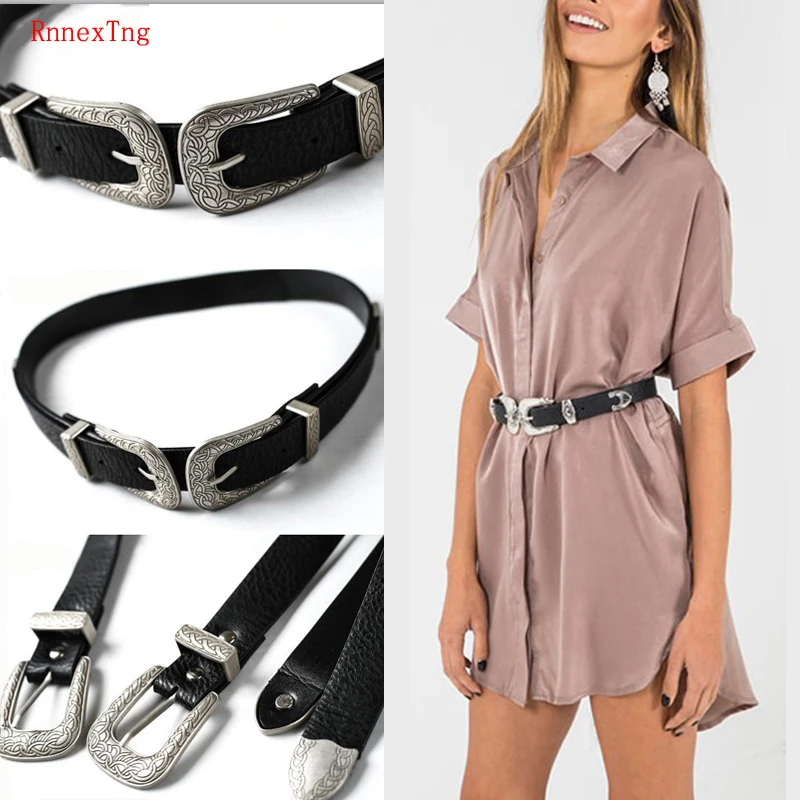 

2019 New Hot Fashion Women Waistband Lady Vintage Boho Metal Leather Belts Double Buckle Waist Belt High Quality Belts female
