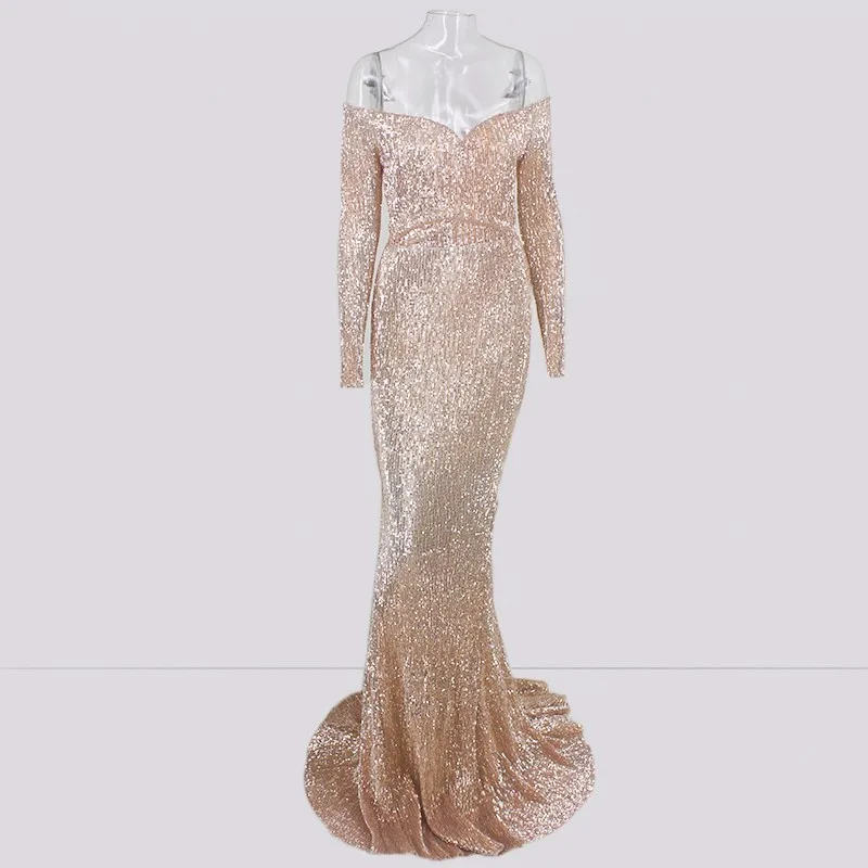 Joyfunear Off Shoulder Sequin пикантные летние платье Для женщин Русалка Bling Bodycon макси платье элегантный Платья для вечеринок Vestidos