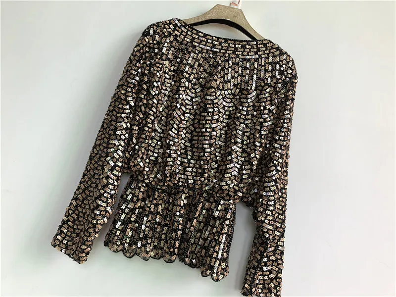 Colors Ruffles Sequined Beading Women Luxury  Fashion V-neck Batwing Sleeve Pullovers Blouse Top 18