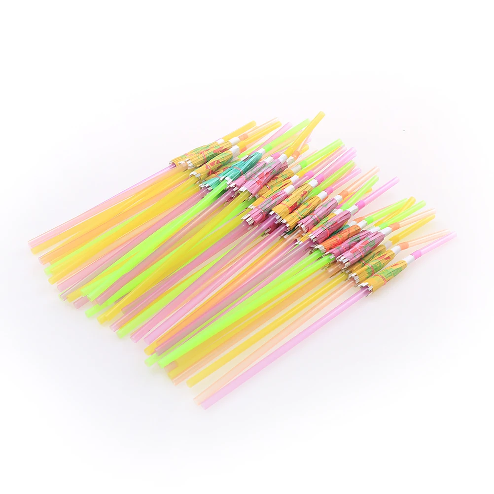 

About 50pcs/bag Fruit Juice Cocktail Straws Umbrella Mixed Color Plastic BBQ Hawaiian Theme Party Marriage Wedding Decoration