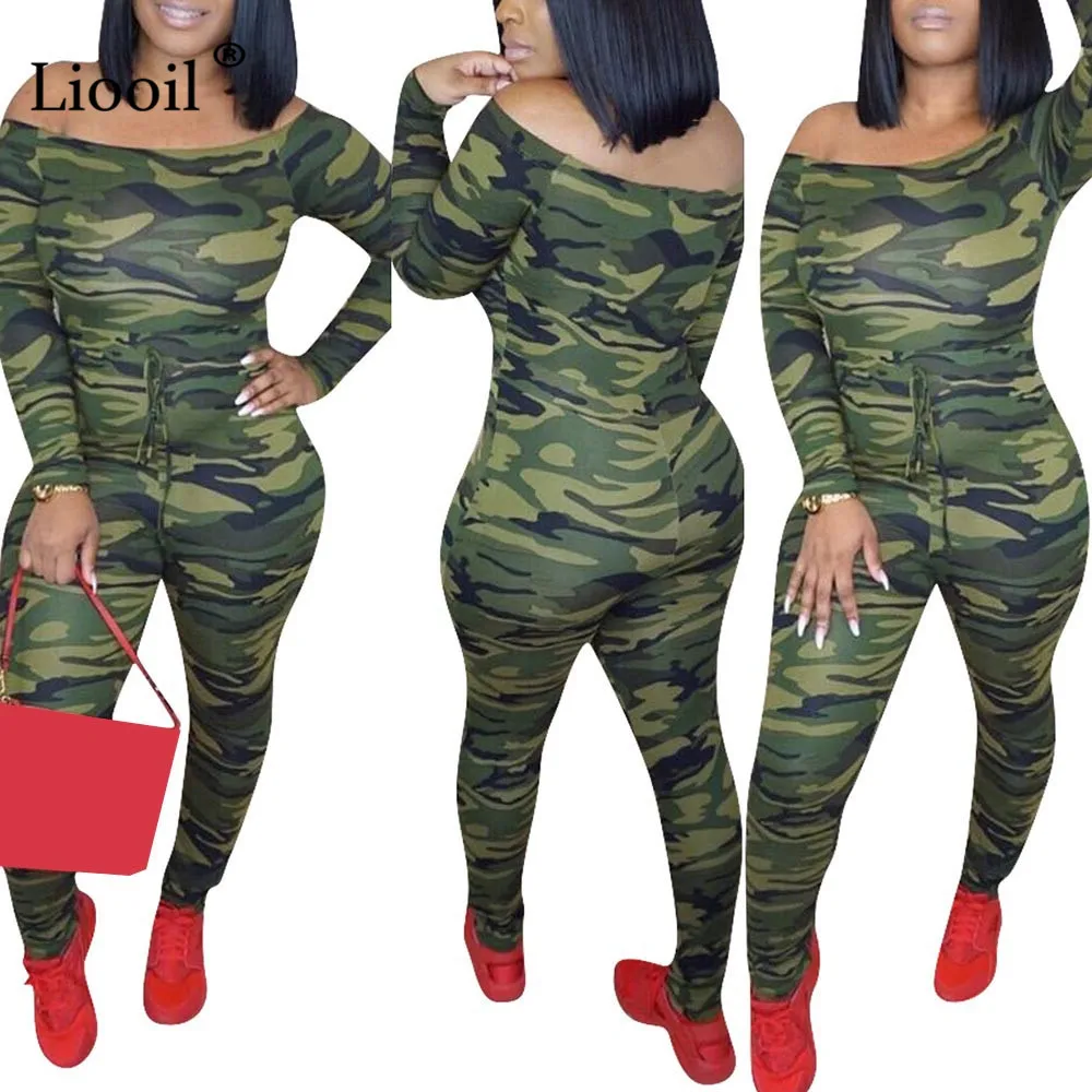 Liooil Camouflage Bodycon Sexy Sheer Jumpsuits For Women Club One Piece Outfits Off Shoulder Party Rompers Womens Jumpsuit