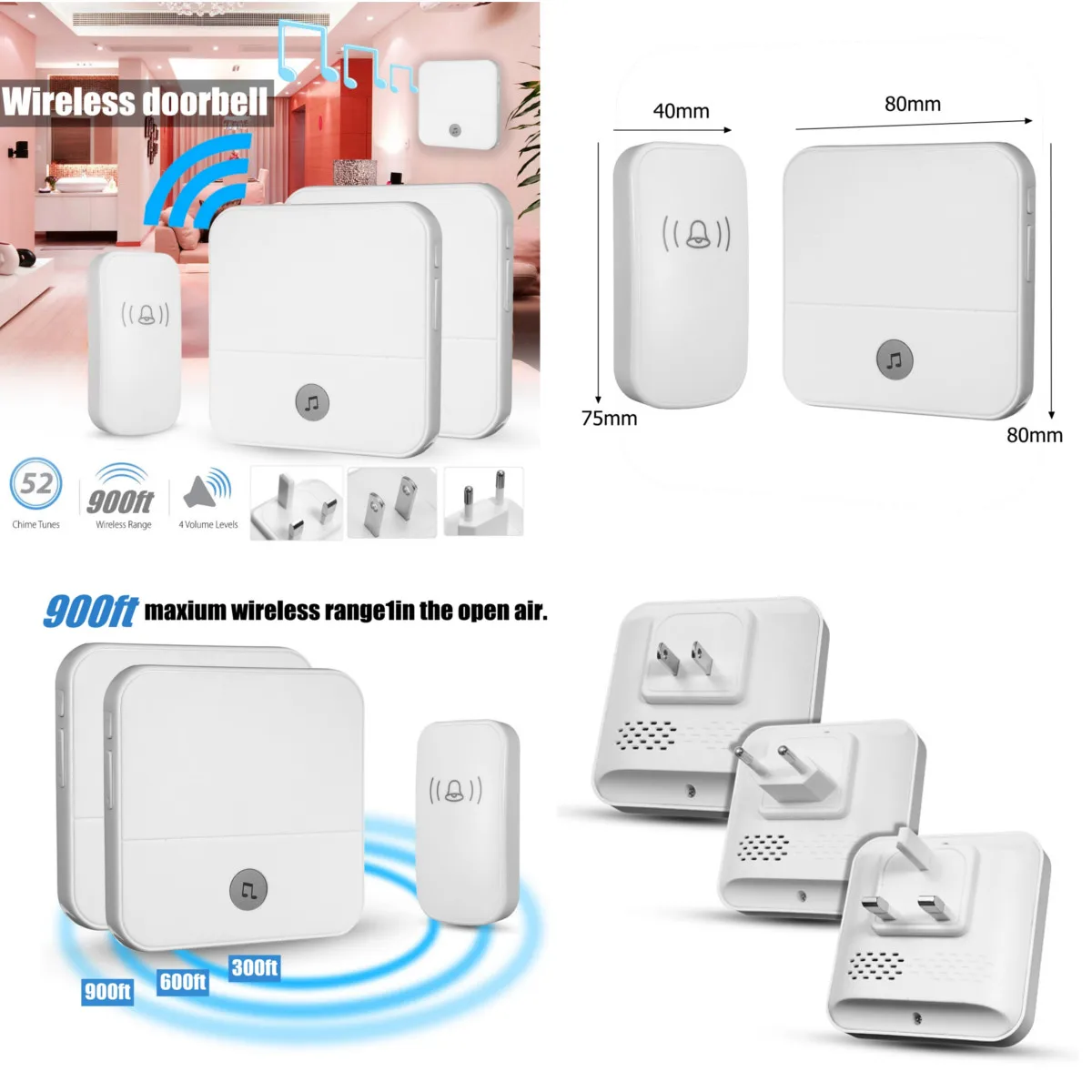 

New Wireless Doorbell Waterproof 900ft Remote EU UK US Plug smart Door Bell 1 button 2 receiver AC 90~250V