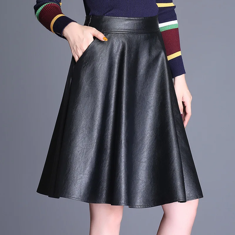 

Fashion Pleasure small skirtS autumn winter new black pocket skirt female high waist A word PU leather skirt wholesale 33152