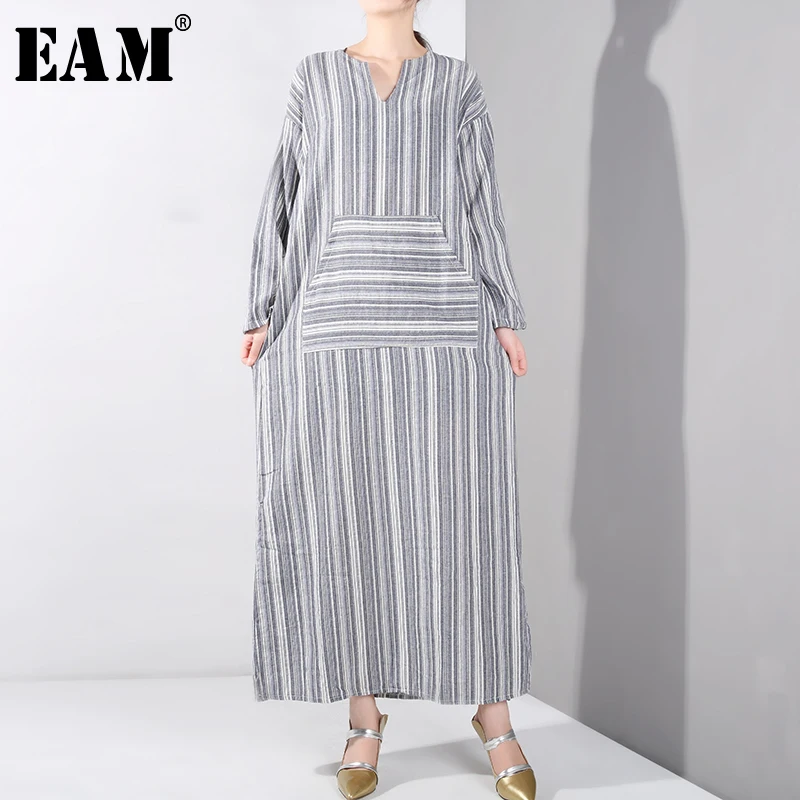 

[EAM] 2019 New Autumn Winter Round Neck Long Sleeve Gray Striped Printed Loose Long Big Size Dress Women Fashion Tide YE1620