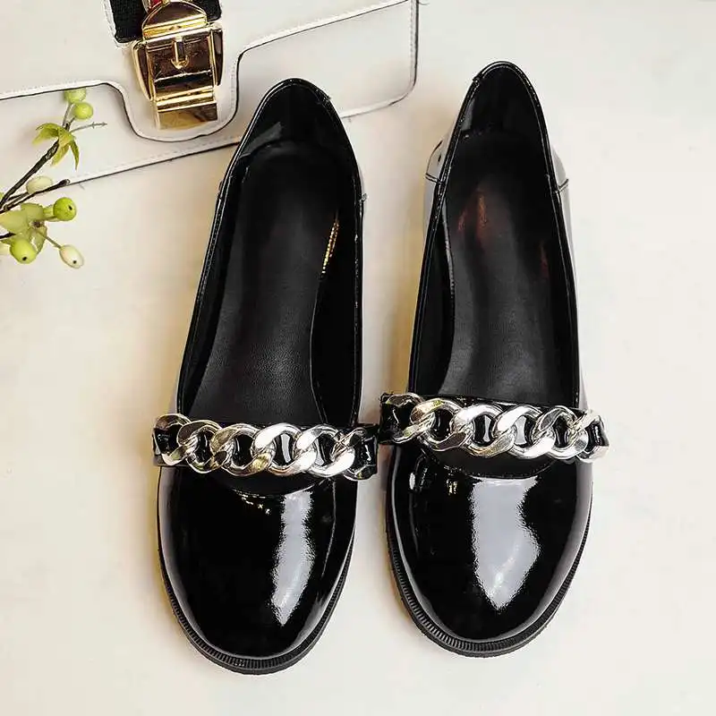 New arrival fashion brand shoes sweet chans flats round toe patent genuine leather elegant shallow casual