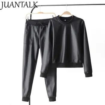 

JUANTALK Spring Autumn Women Street Style Two piece Set Loose Pullover + Casual Pants Fabric Pu Leather Set twinsets