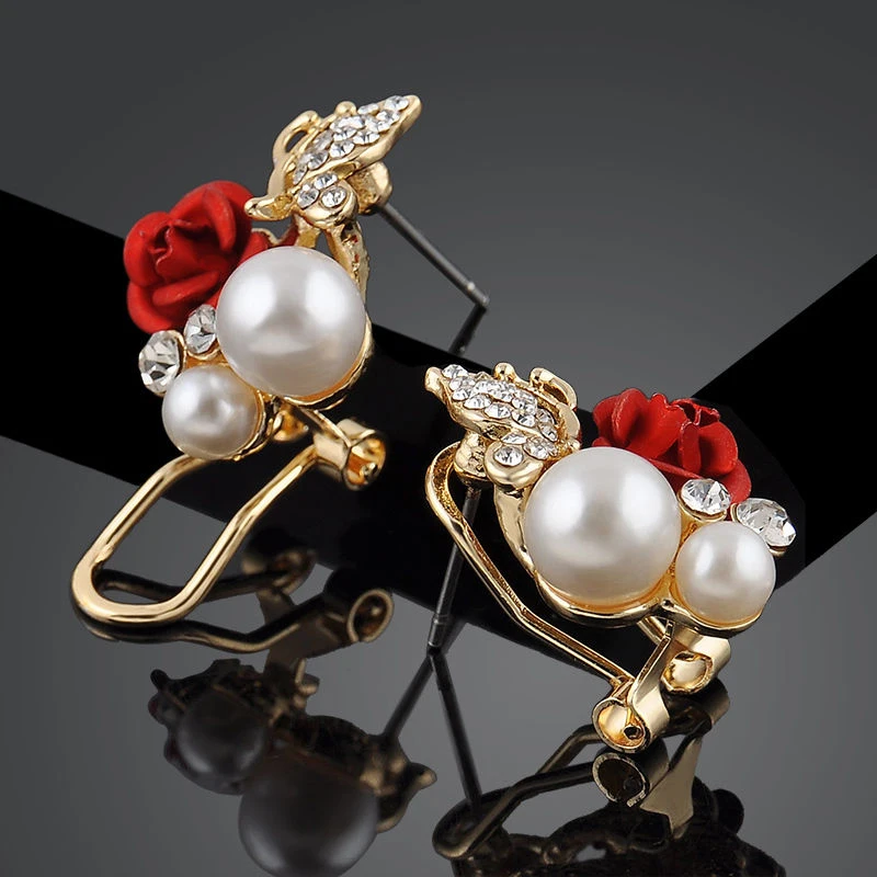 2pcs Vintage Red Rose Butterfly Earring Shellahrd Rhinestone Crystal Bead Brincos Stud Earrings Fashion Wedding Jewelry Gift