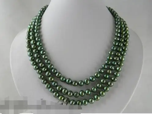 

Free shipping hot sale Women Bridal Wedding Jewelry >>3Strands 18'' 7mm Green Round Freshwater Pearl Necklace