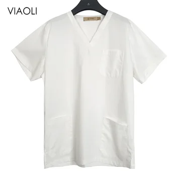 

NEW Women solid Scrub Top With V-Neck 100% Cotton Print Surgical Medical Uniforms Hospital Nurse Scrub Tops For Women and men