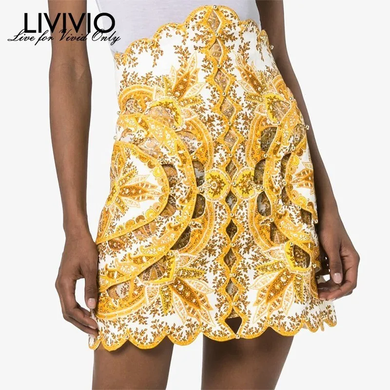 

[LIVIVIO] Summer Print Hollow Out Women Skirt High Waist Beading Patchwork Irregular Mini Skirts Female Fashion Clothes New 2019