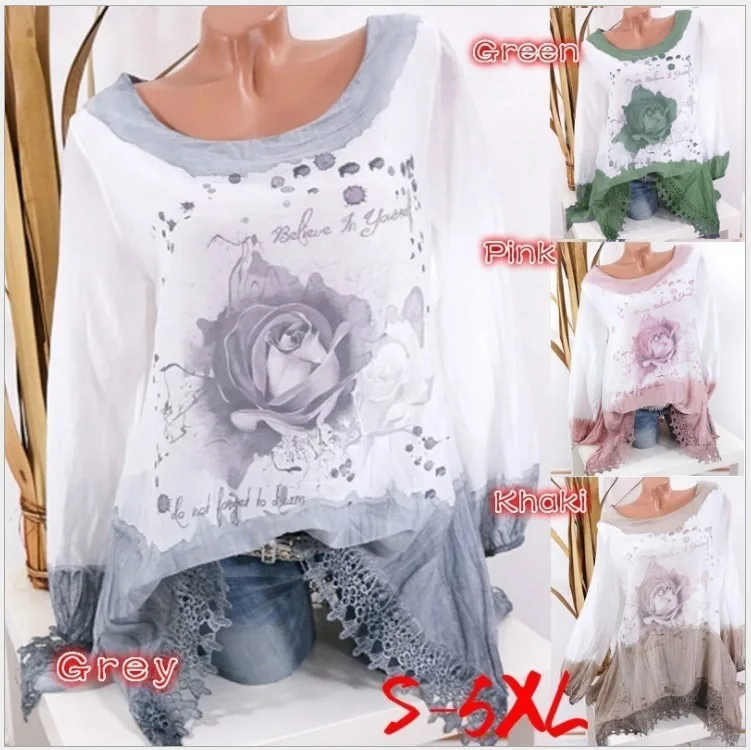  2019 autumn new large size Women's Blouse casual round neck long-sleeved shirt printing loose hollo