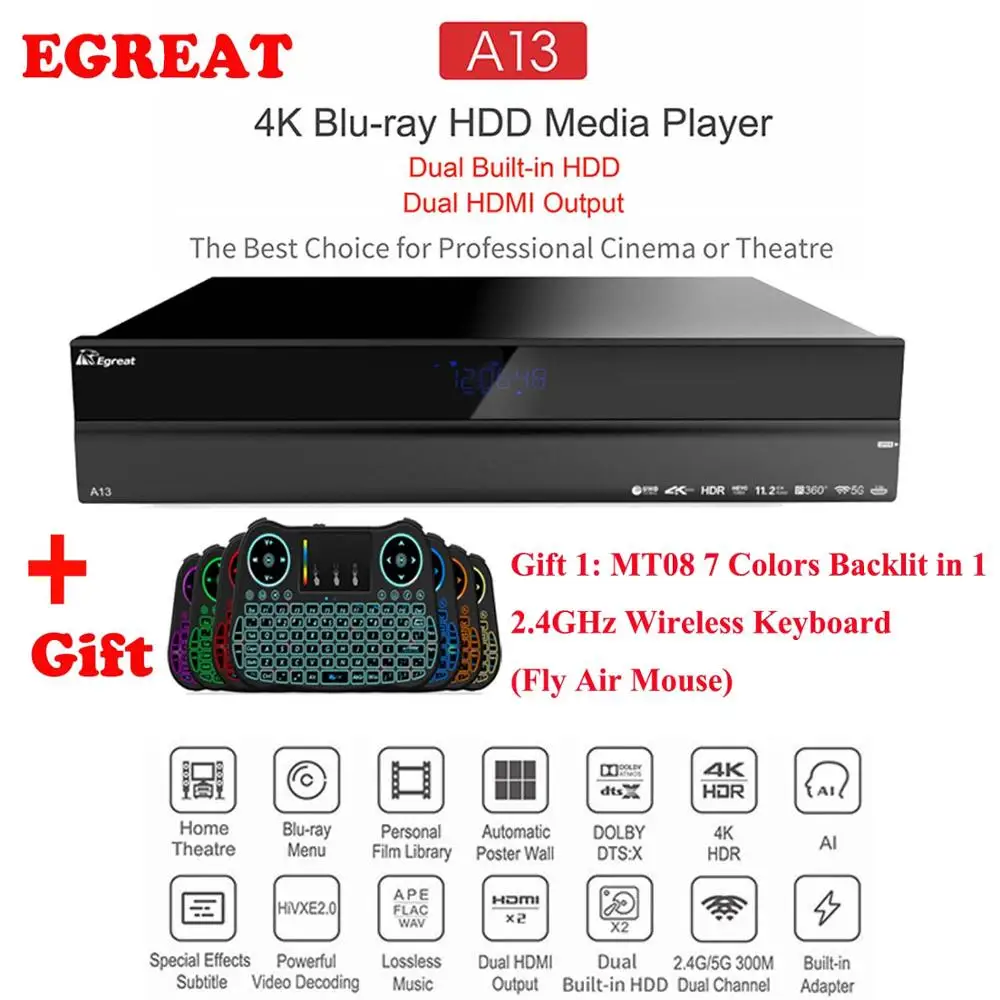 

Egreat A13 4K UHD Blu-ray HDD Media Player, Dual Built-in HDD Dual HDMI Output, Best Choice for Cinema or Theatre Android TV Box