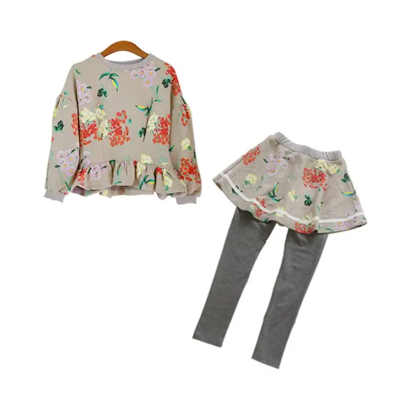 

Girls clothing set teenager summer casual wear flower top +false two pieces pantskirt for girls spring autume children comstume