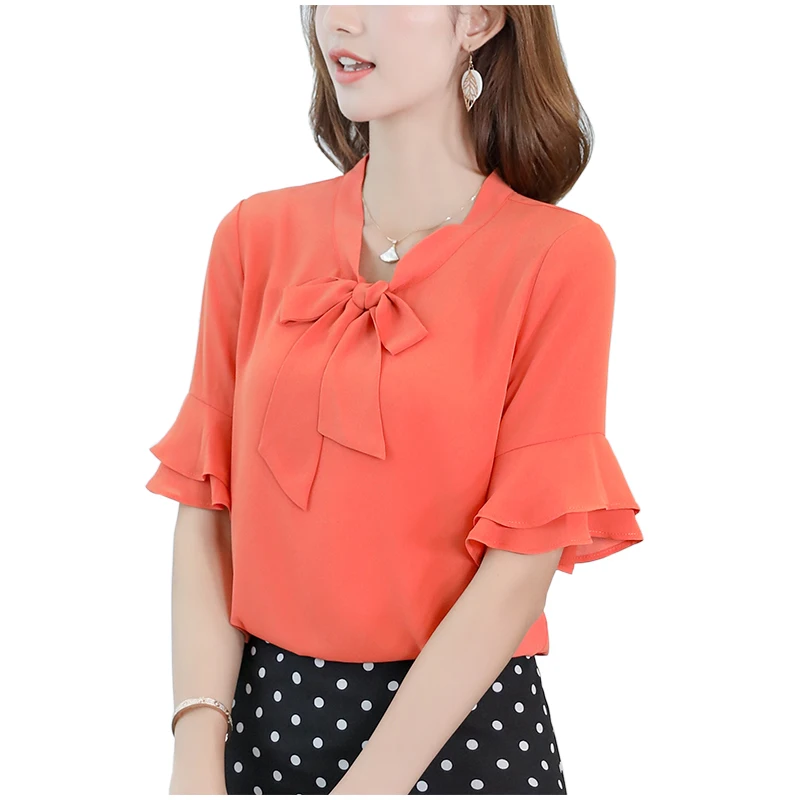 

Korean Womens Chiffon Blouse Bow Collar Petal Sleeve Casual Tops 2019 Summer Short Sleeve Slim Shirts Plus Size lady Top Blusas