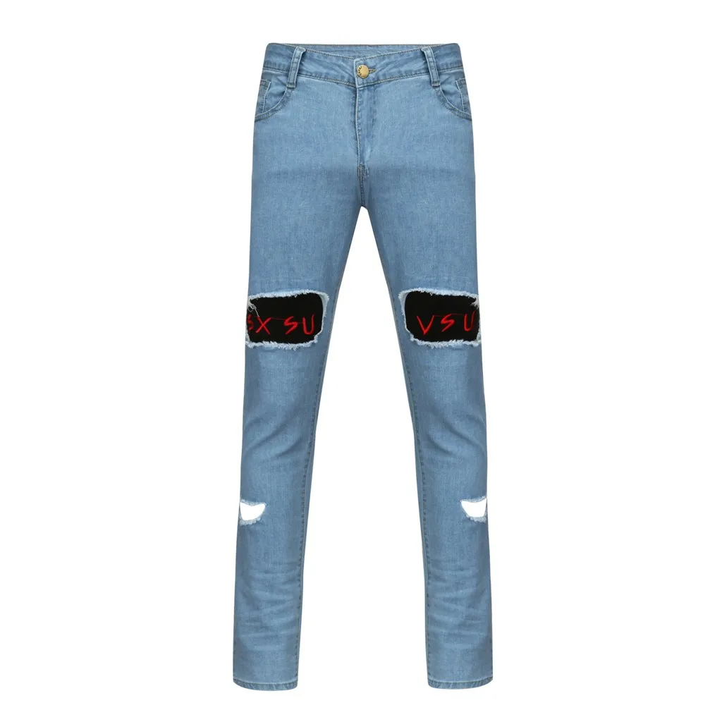 Light blue Хлопковые джинсы весна MenClothes из джинсовой ткани и хлопковой подкладкой для мальчиков, рваные карманы, искусственно состаренные Брюки повседневные штаны рваные, Стретч Джинсы 5,13 - Цвет: Light blue