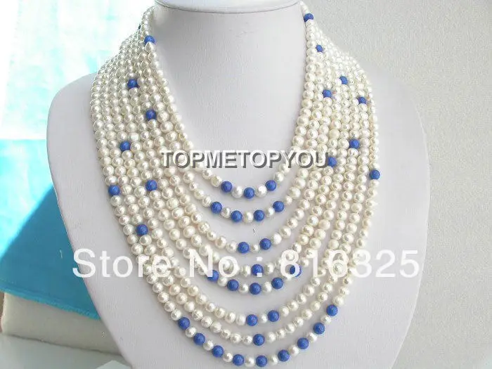 

FREE SHIPPING>> Stunning! 8rows 6mm white freshwater pearls Lapis Lazuli necklace