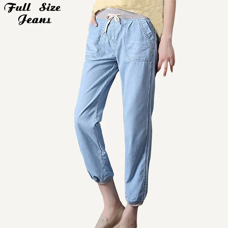 

Women Trousers Summer Plus Size Elastic Waist Tecel Denim Baggy Harem Pants 5Xl 6Xl Thin Blue Jeans Loose Bloomers Palazzo