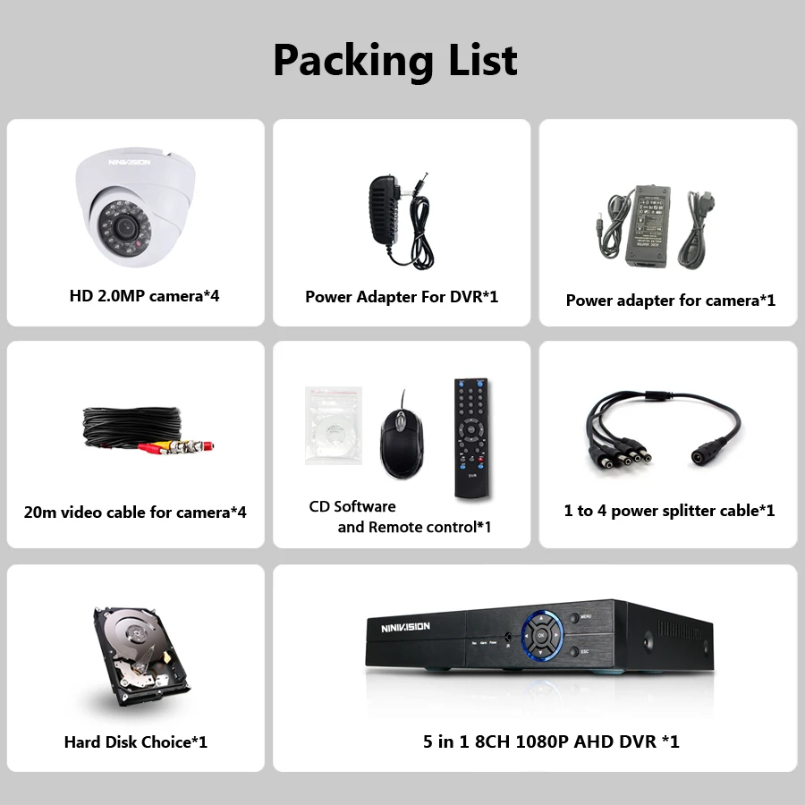  8CH CCTV sistema 1080 P HDMI AHD DVR CCTV 4 piezas 2.0MP IR cámara de seguridad de interior 24Led H