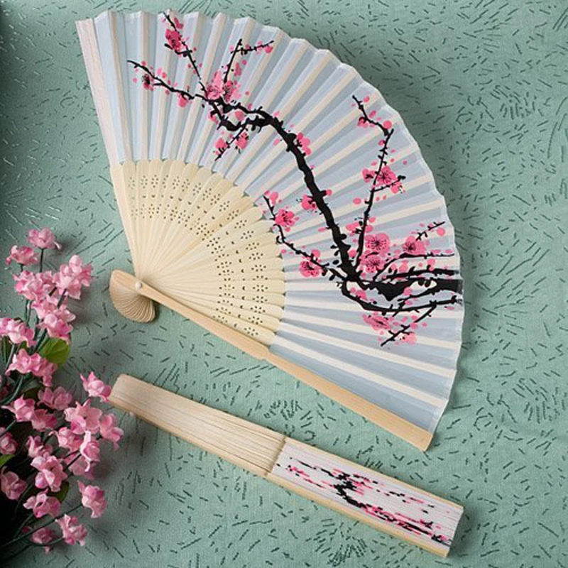 

100PCS Personalized Wedding Fan In Box Plum Blossom Flower Chinese Ladies Folding Hand Fan Customized Wedding Gift For Guest
