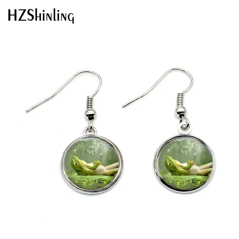 

NHE-0015 Lazy Frog Earrings Glass Dome Art Picture Charm Frog in a Moonlit Pond Earring Handcrafted Jewelry
