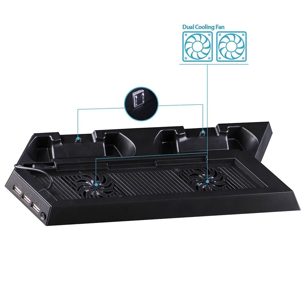 Dual Charger Vertical Controller Dock Station Charging Bracket Stand + Cooling Cooler Fan + 2 USB Power HUB for Playstation4 PS4