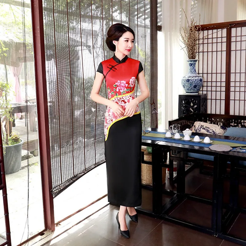 2019 Cheongsam Атлас печати Qipao платье Винтаж улучшилось осень Традиционный китайский длинные платья Мать Вечерние свадебное платье