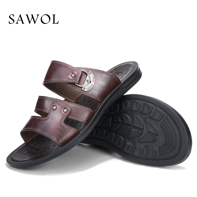 Sawol Men Sandals Genuine Split Leather Men Beach Sandals Brand Men Casual Shoes Flip Flops Thong Sneakers Plus Big Size Summer