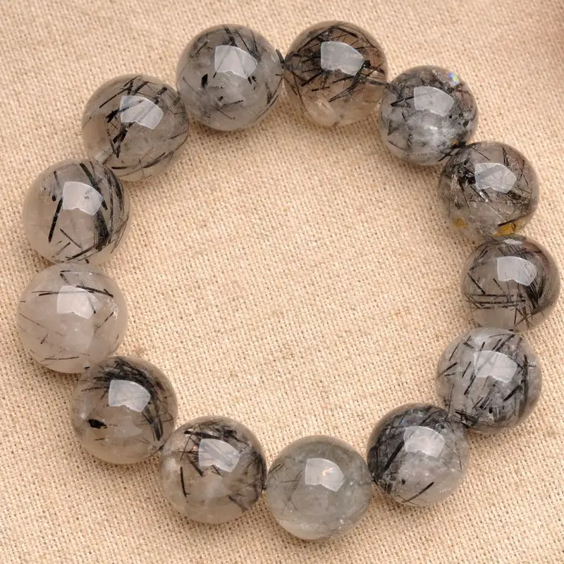 JoursNeige Natural Fidelity Black Quartz Rutilated Bracelet 12mm Beads Crystal Bracelets For Men Women Jade Jewelry