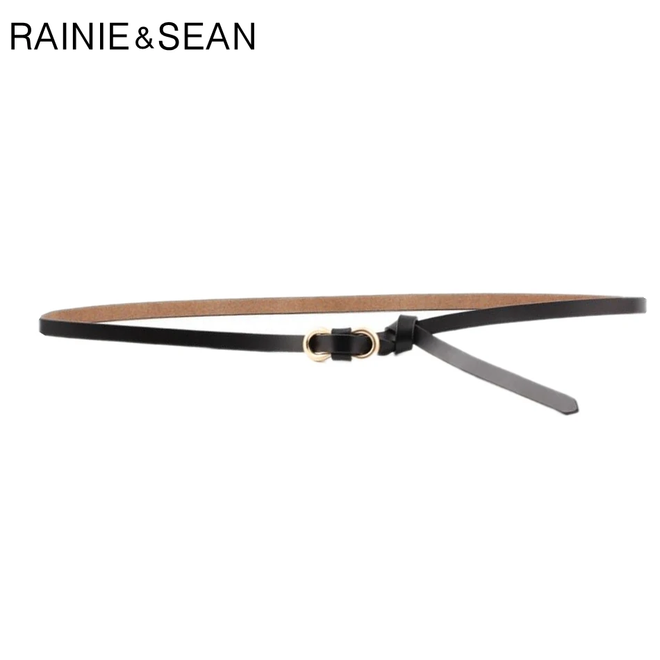 

RAINIE SEAN Thin Women Belt Without Holes Genuine Leather Ladies Knot Belt Women Real Leather Black Fashion Belts For Dresses