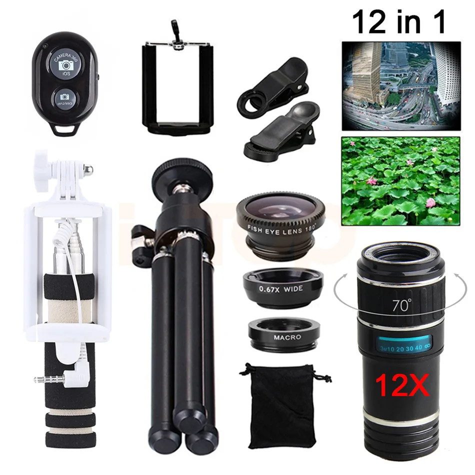 bilder für Neue 12X Zoom Teleobjektiv Telescope fischauge Weitwinkel macro lentes für handy mikroskop mit selfie stick clips stativ bilder für Neue 12X Zoom Teleobjektiv Telescope fischauge Weitwinkel macro lentes für handy mikroskop mit selfie stick clips stativ