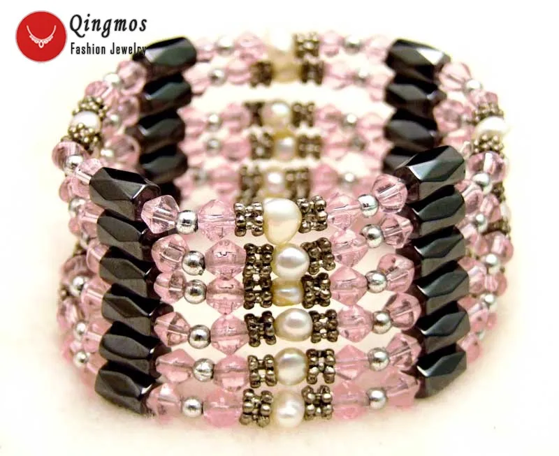 

Qingmos Trendy 4-5mm Natural 36'' White Baroque Pearl Necklace Bracelet for Women with Pink Crystal & Black Magnet Hematite b360