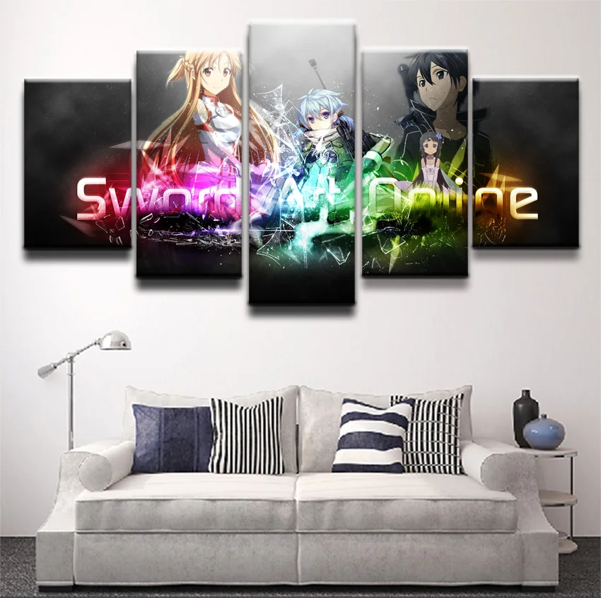 

Modern Pictures HD Printed Animation Poster For Living Room Decor 5 Piece Sword Art Online Characters Canvas Painting Wall Art